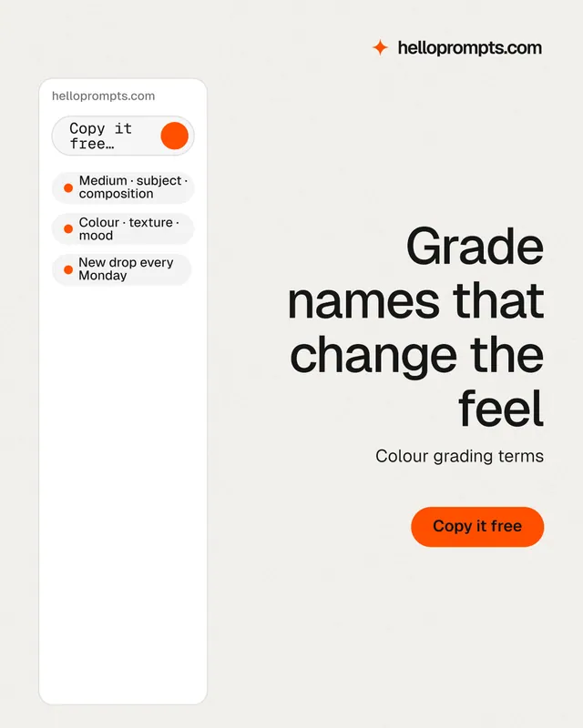 Instagram portrait post for HelloPrompts: "Grade names that change the feel". Data card style, right layout, light palette in white.