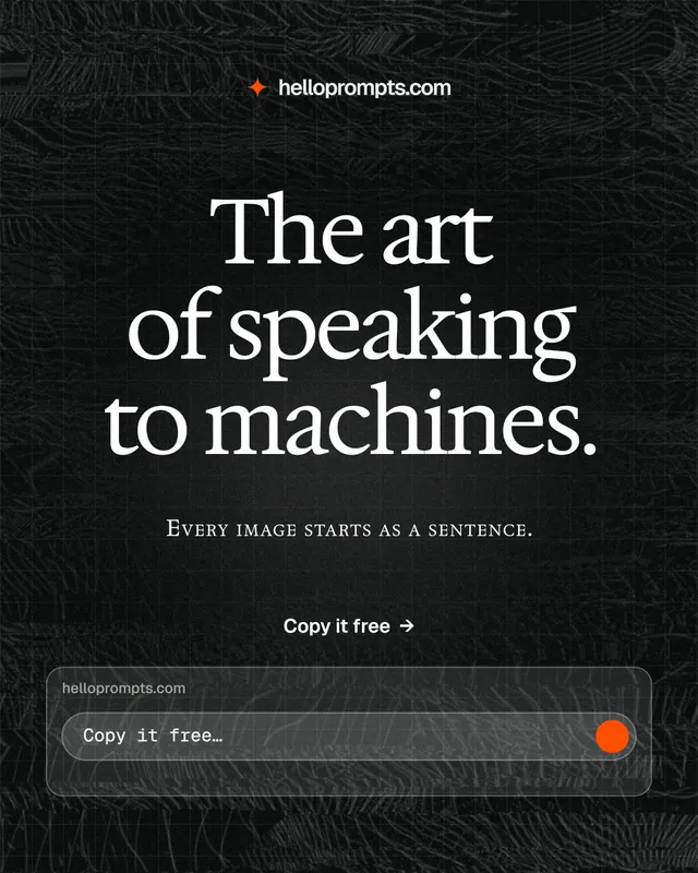 Instagram portrait post for HelloPrompts: "The art of speaking to machines." Phosphor atlas style, smallcaps layout, dark palette in black, grey.