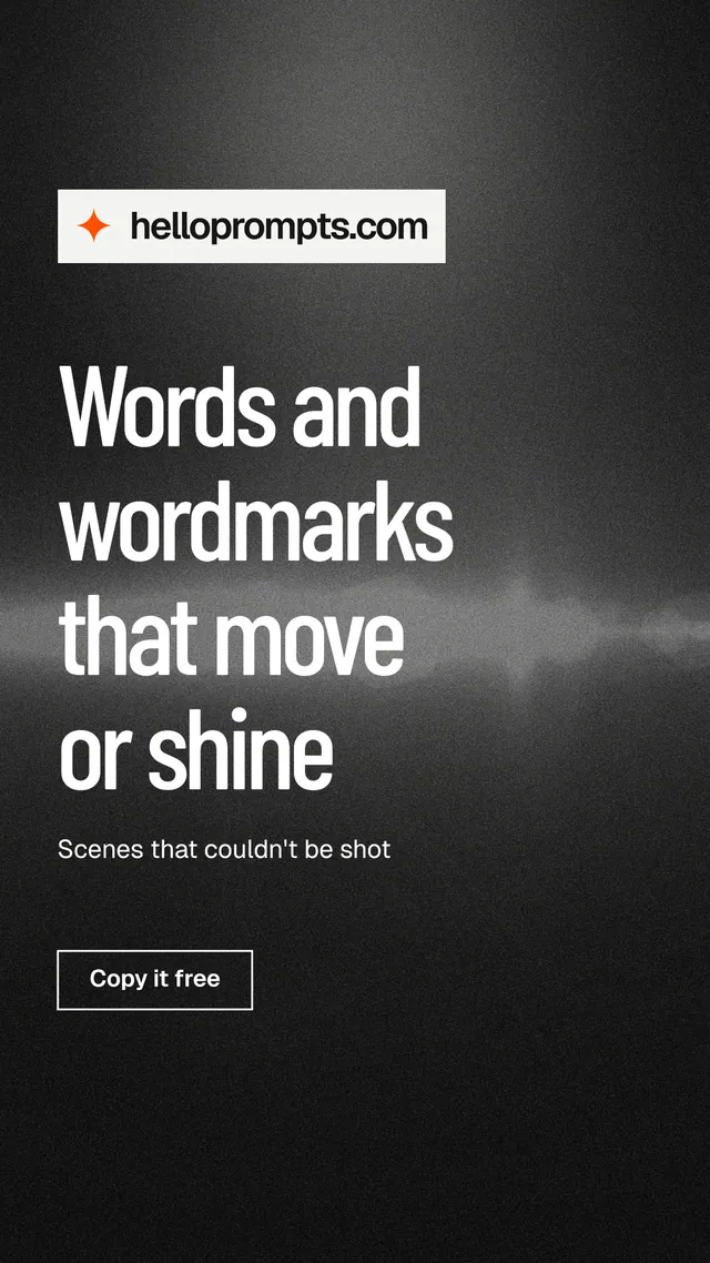 Instagram story for HelloPrompts: "Words and wordmarks that move or shine". Dark deco style, announce layout, dark palette in black, grey.