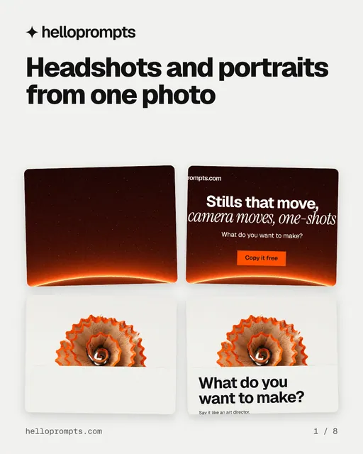 Carousel for HelloPrompts: "Headshots and portraits from one photo". Collection carousel, 8 slides, light palette.