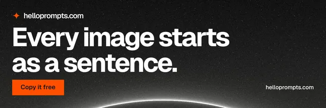 X header for HelloPrompts: "Every image starts as a sentence." Swiss style, poster layout, dark palette in black, orange, grey.