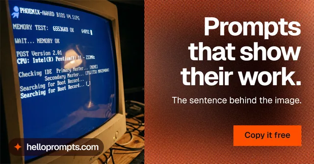 Social ad for HelloPrompts: "Prompts that show their work." Swiss style, right layout, dark palette in blue, red, orange.