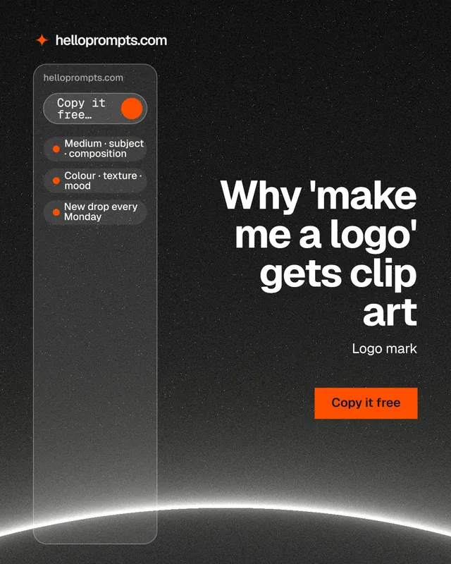 Instagram portrait post for HelloPrompts: "Why 'make me a logo' gets clip art". Swiss style, right layout, dark palette in black, grey.