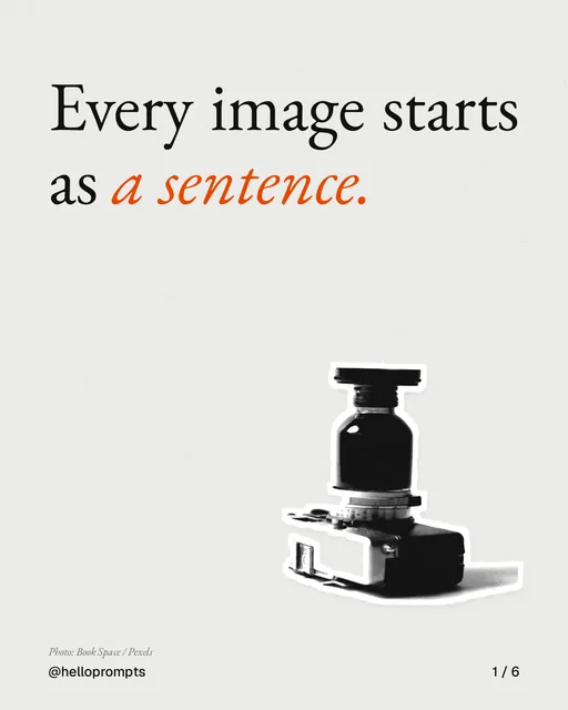 Carousel for HelloPrompts: "Every image starts as a sentence.". Cutout essay, 6 slides, light palette.