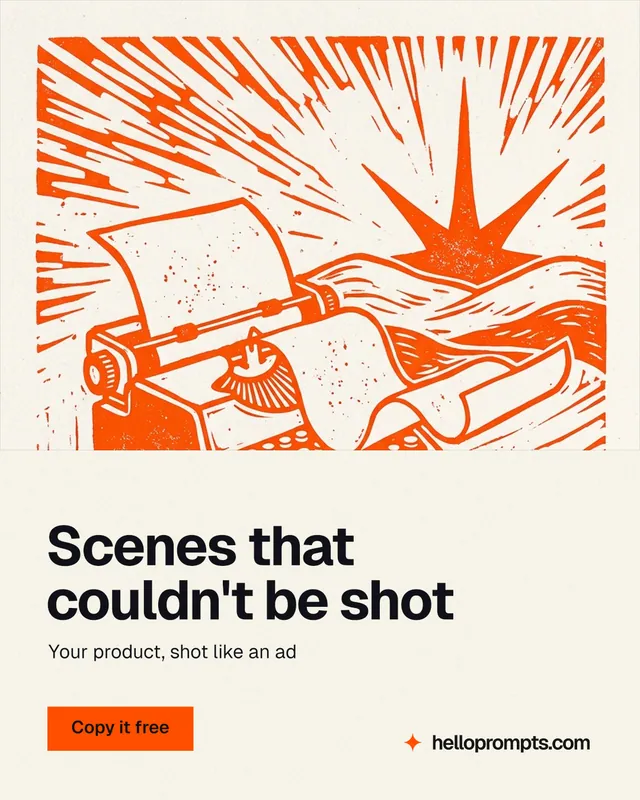 Instagram portrait post for HelloPrompts: "Scenes that couldn't be shot". Swiss style, bottom layout, light palette in white, orange.