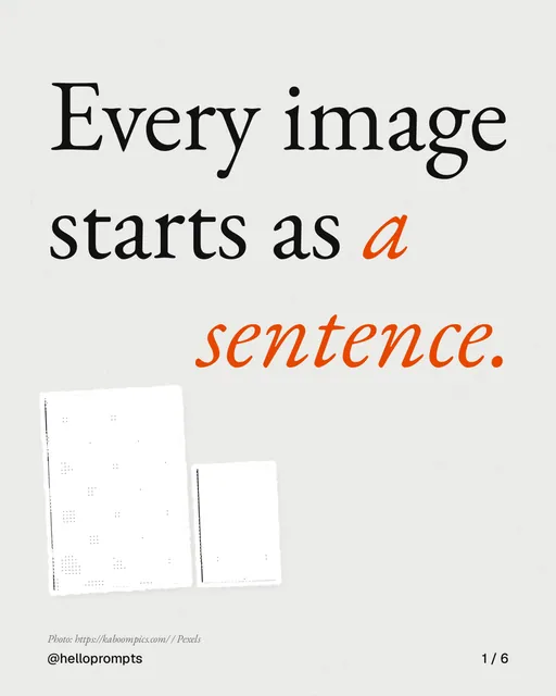 Carousel for HelloPrompts: "Every image starts as a sentence.". Cutout essay, 6 slides, light palette.