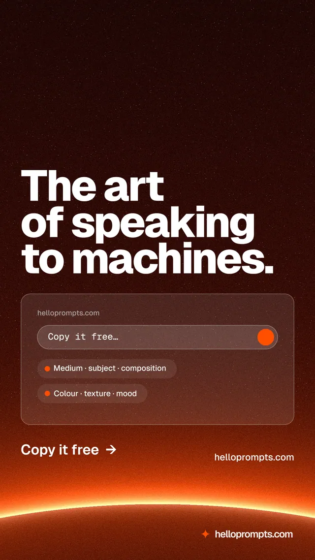 Instagram story for HelloPrompts: "The art of speaking to machines." Turn card style, poster layout, dark palette in black, red, orange.