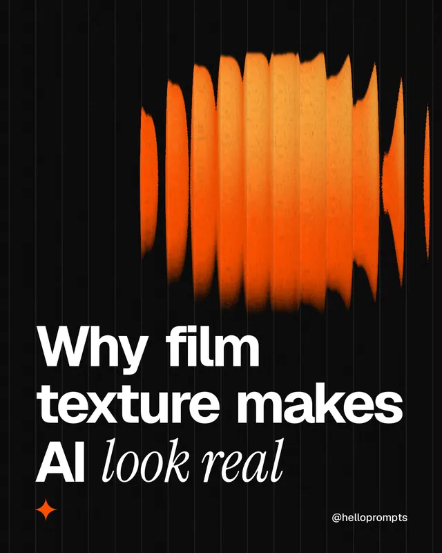 Instagram portrait post for HelloPrompts: "Why film texture makes AI look real". Auto 4x5 style, technique:shader field layout, dark palette in black, brown.