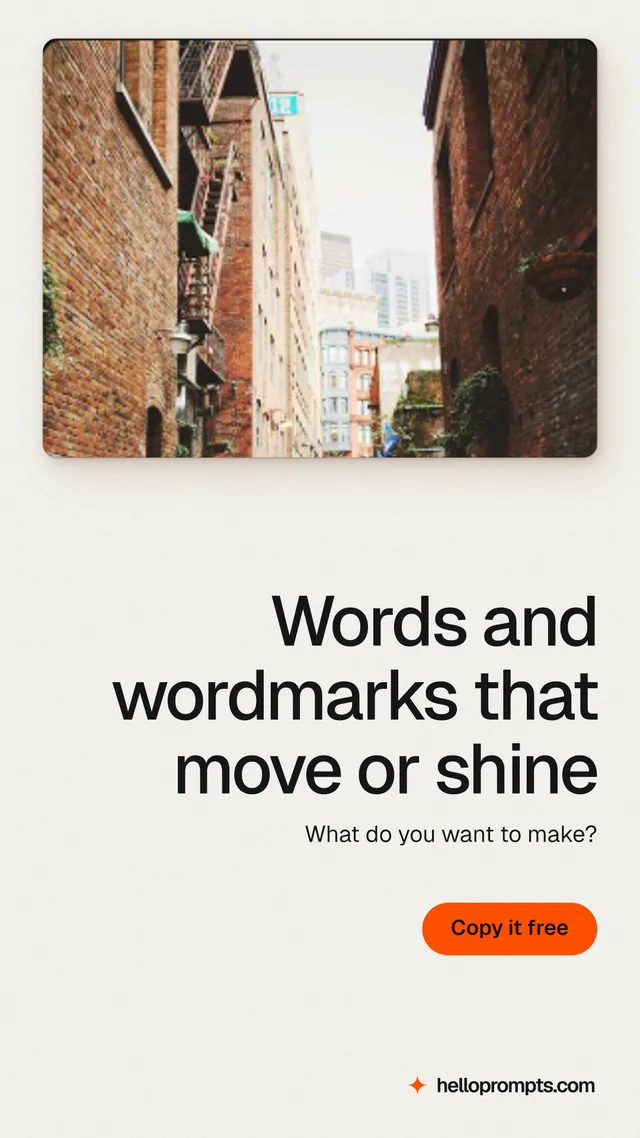 Instagram story for HelloPrompts: "Words and wordmarks that move or shine". Data card style, right layout, light palette in white, brown.