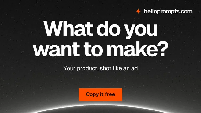 Landscape graphic for HelloPrompts: "What do you want to make?" Swiss style, centred layout, dark palette in black, orange, grey.