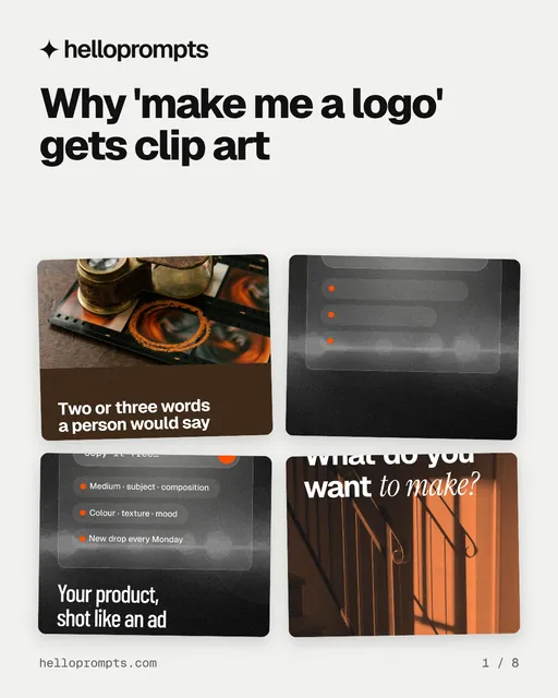 Carousel for HelloPrompts: "Why 'make me a logo' gets clip art". Collection carousel, 8 slides, light palette.