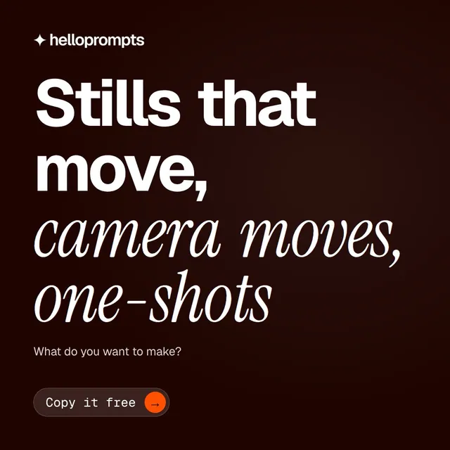 Video for HelloPrompts: "Stills that move, camera moves, one-shots". Doc motion loop, 6.0 s, dark palette.