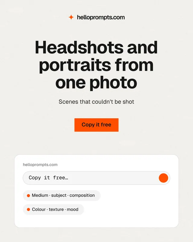 Instagram portrait post for HelloPrompts: "Headshots and portraits from one photo". Swiss style, centred layout, light palette in white, grey.