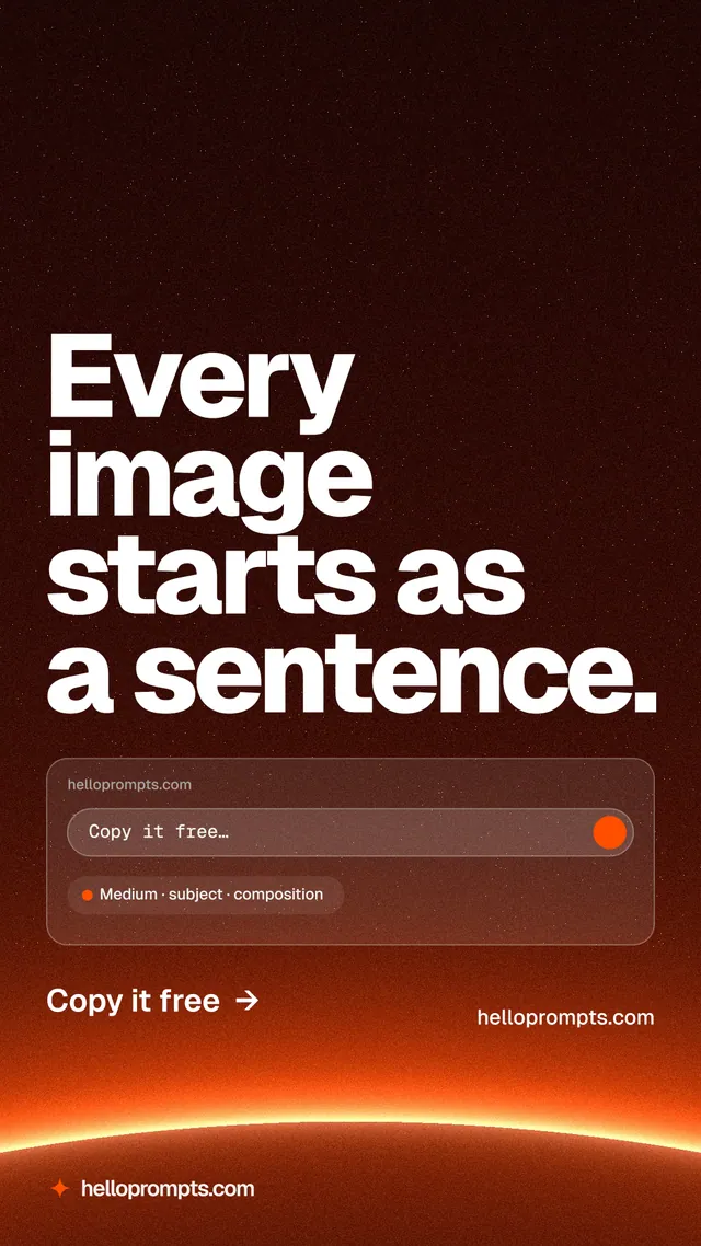 Instagram story for HelloPrompts: "Every image starts as a sentence." Turn card style, poster layout, dark palette in red, black, orange.