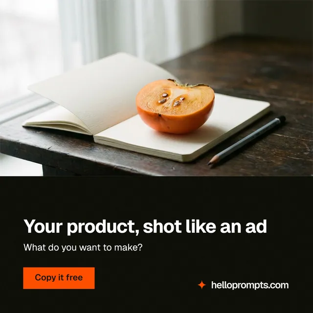 Instagram post for HelloPrompts: "Your product, shot like an ad". Swiss style, bottom layout, dark palette in white, black, orange.