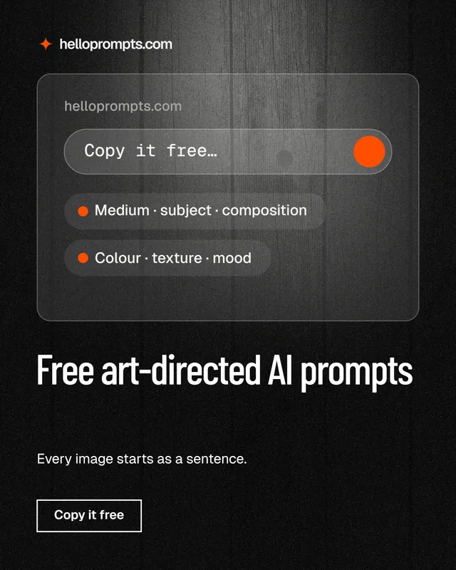 Instagram portrait post for HelloPrompts: "Free art-directed AI prompts". Dark deco style, bottom layout, dark palette in black, grey.