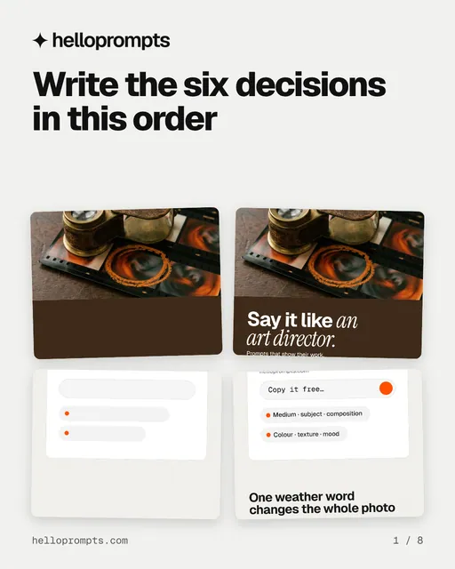 Carousel for HelloPrompts: "Write the six decisions in this order". Collection carousel, 8 slides, light palette.