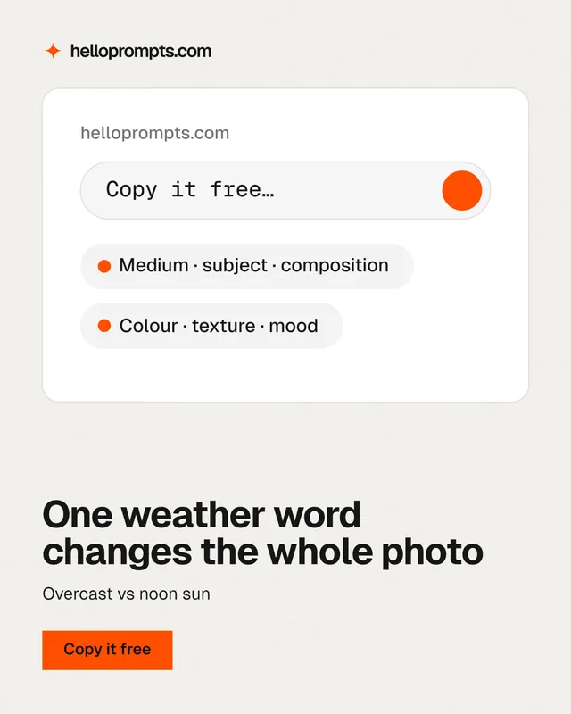 Instagram portrait post for HelloPrompts: "One weather word changes the whole photo". Swiss style, bottom layout, light palette in white, orange.