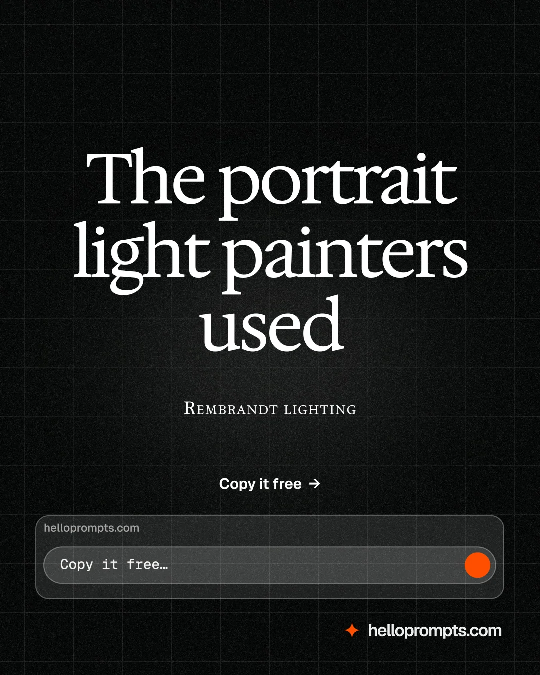 Instagram portrait post for HelloPrompts: "The portrait light painters used". Phosphor atlas style, smallcaps layout, dark palette in black, grey.