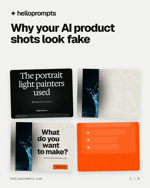Carousel for HelloPrompts: "Why your AI product shots look fake". Collection carousel, 8 slides, light palette.