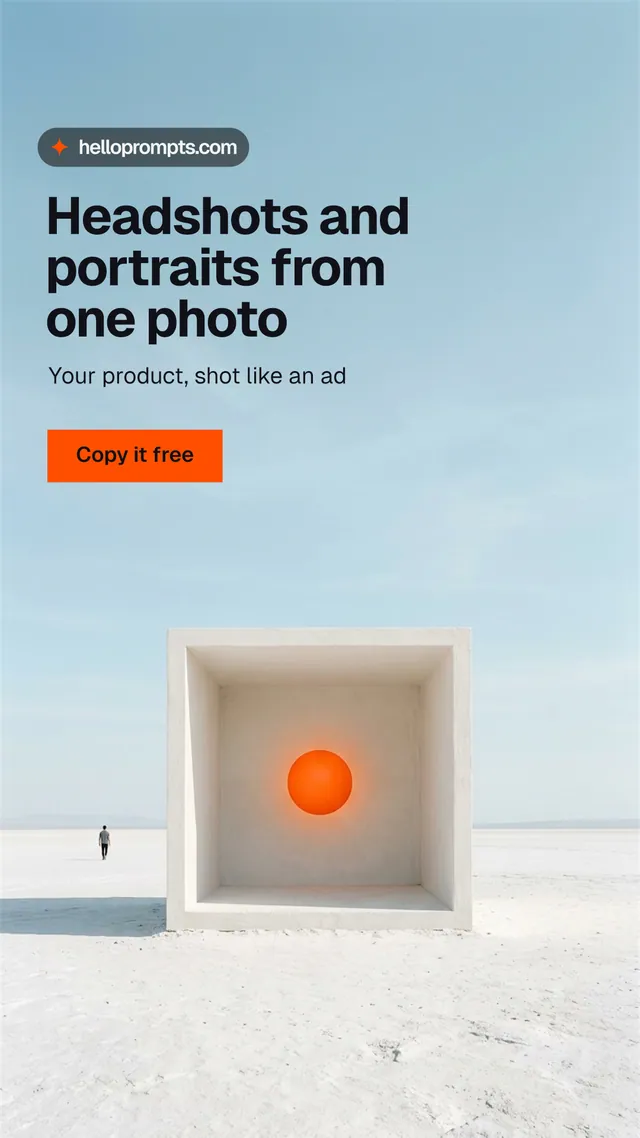 Instagram story for HelloPrompts: "Headshots and portraits from one photo". Swiss style, bottom layout, light palette in blue, white, grey.