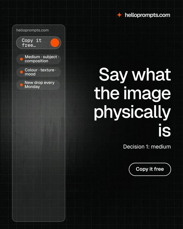 Instagram portrait post for HelloPrompts: "Say what the image physically is". Phosphor atlas style, right layout, dark palette in black, grey.