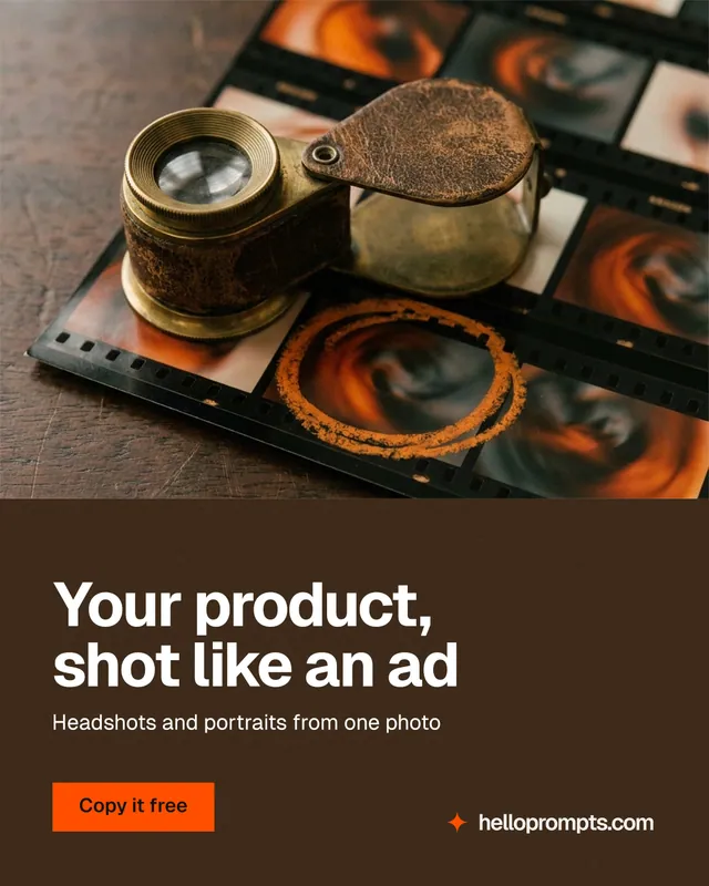 Instagram portrait post for HelloPrompts: "Your product, shot like an ad". Swiss style, bottom layout, dark palette in orange, black, grey.