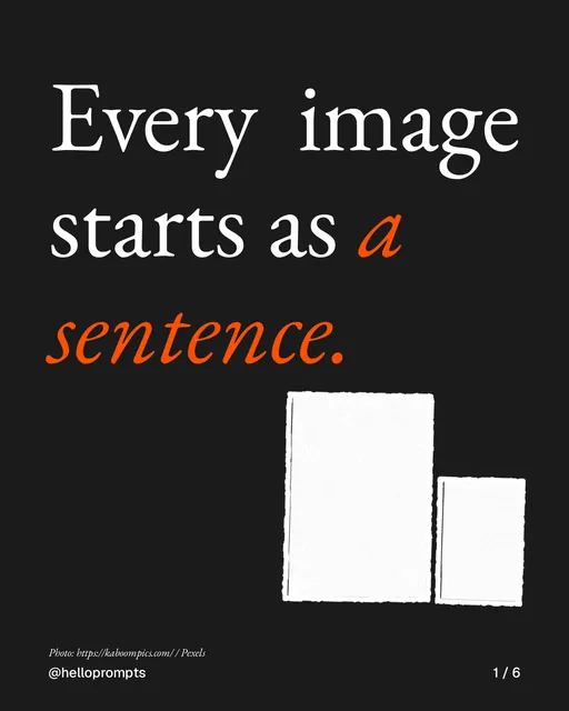 Carousel for HelloPrompts: "Every image starts as a sentence.". Cutout essay, 6 slides, dark palette.