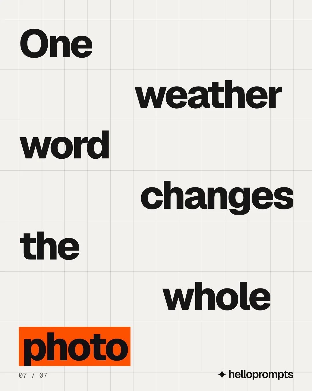 Video for HelloPrompts: "One weather word changes the whole photo". Kinetic type grid, 6.0 s, light palette.