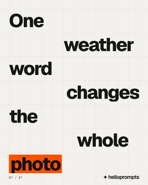 Video for HelloPrompts: "One weather word changes the whole photo". Kinetic type grid, 6.0 s, light palette.