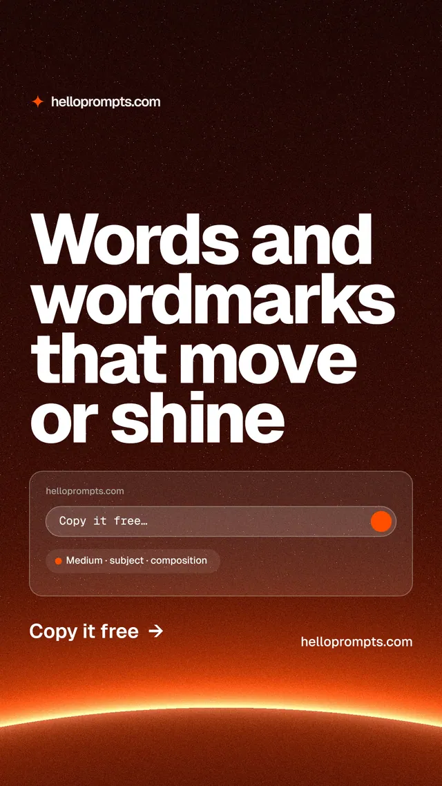 Instagram story for HelloPrompts: "Words and wordmarks that move or shine". Turn card style, poster layout, dark palette in black, red, orange.