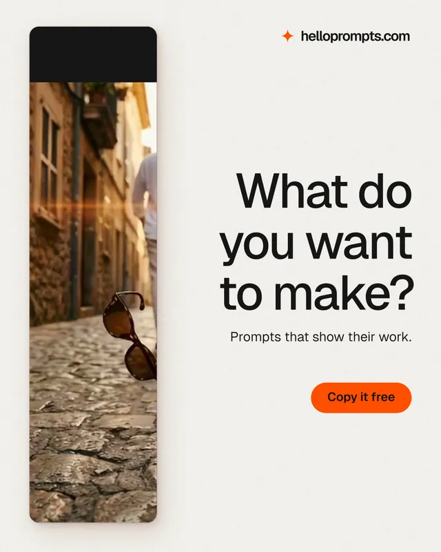 Instagram portrait post for HelloPrompts: "What do you want to make?" Data card style, right layout, light palette in white, orange.