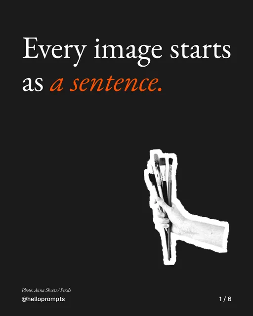 Carousel for HelloPrompts: "Every image starts as a sentence.". Cutout essay, 6 slides, dark palette.