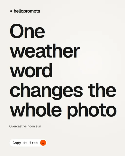 Video for HelloPrompts: "One weather word changes the whole photo". Doc motion loop, 6.0 s, light palette.