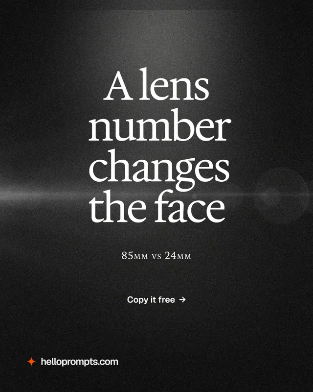 Instagram portrait post for HelloPrompts: "A lens number changes the face". Dark deco style, smallcaps layout, dark palette in black, grey.