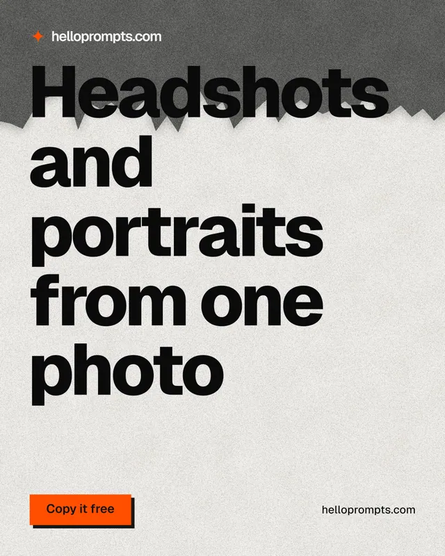Instagram portrait post for HelloPrompts: "Headshots and portraits from one photo". Paper trio style, poster layout, light palette in white, black, grey.