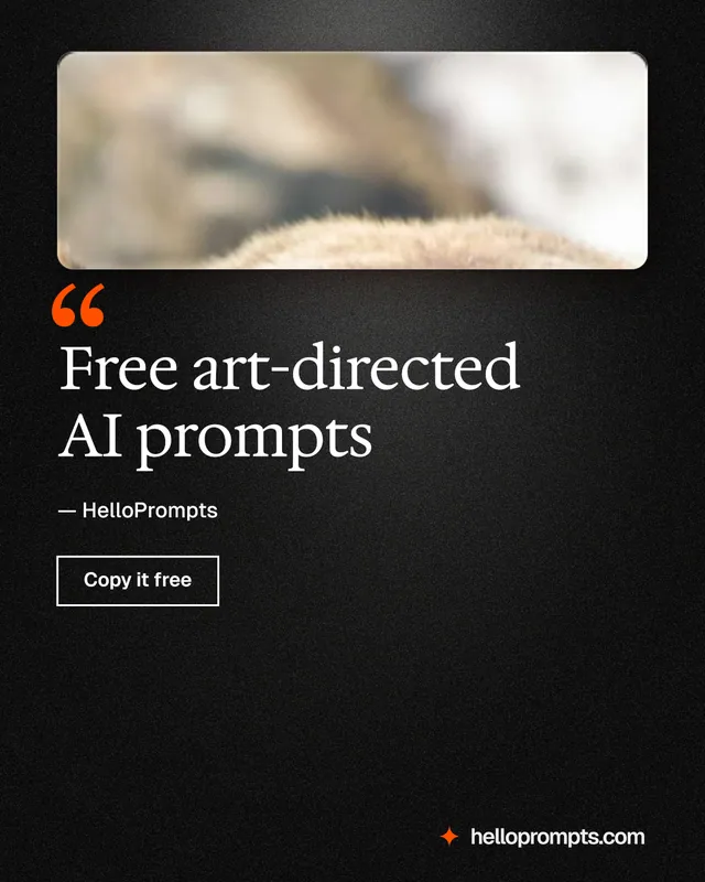 Instagram portrait post for HelloPrompts: "Free art-directed AI prompts". Dark deco style, quote layout, dark palette in black, grey.