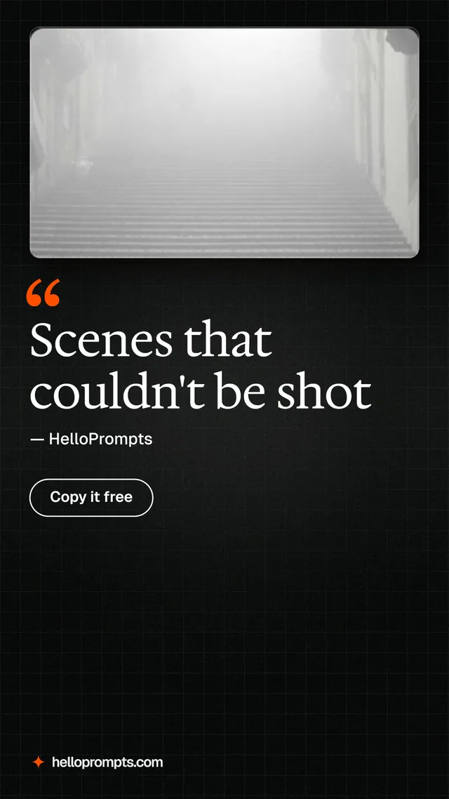 Instagram story for HelloPrompts: "Scenes that couldn't be shot". Phosphor atlas style, quote layout, dark palette in black, grey.