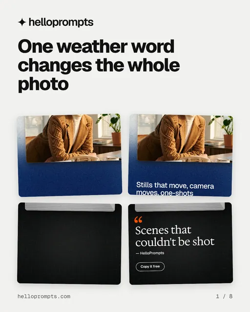 Carousel for HelloPrompts: "One weather word changes the whole photo". Collection carousel, 8 slides, light palette.