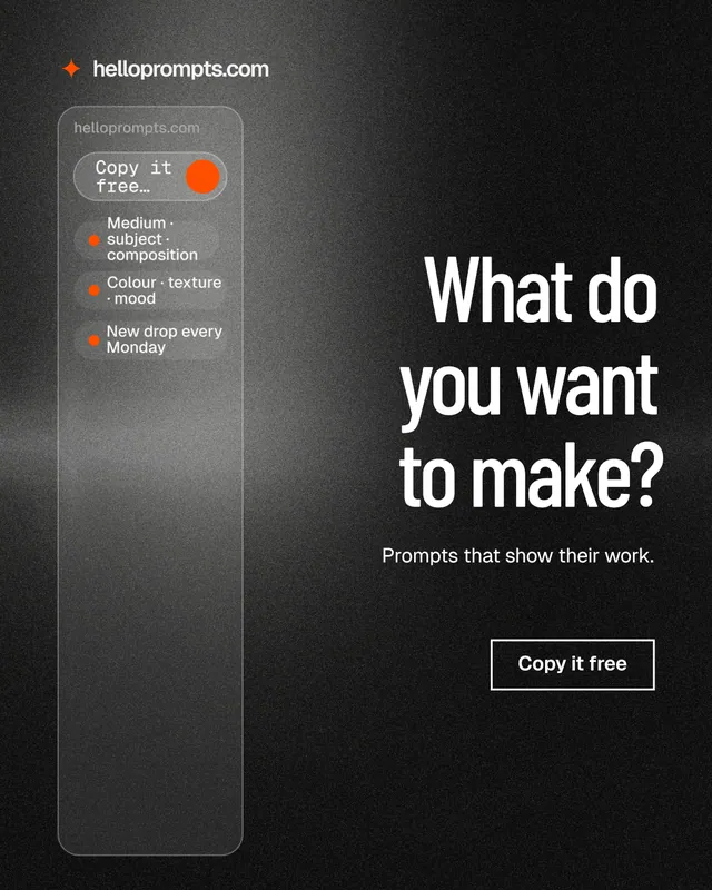 Instagram portrait post for HelloPrompts: "What do you want to make?" Dark deco style, right layout, dark palette in black, grey.