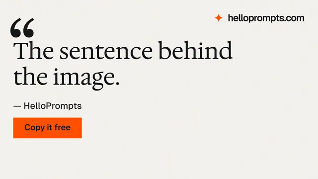 Landscape graphic for HelloPrompts: "The sentence behind the image." Swiss style, quote layout, light palette in white, orange.