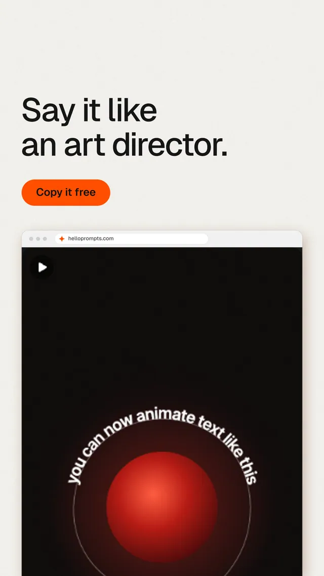 Instagram story for HelloPrompts: "Say it like an art director." Data card style, browser layout, light palette in white, black, red.