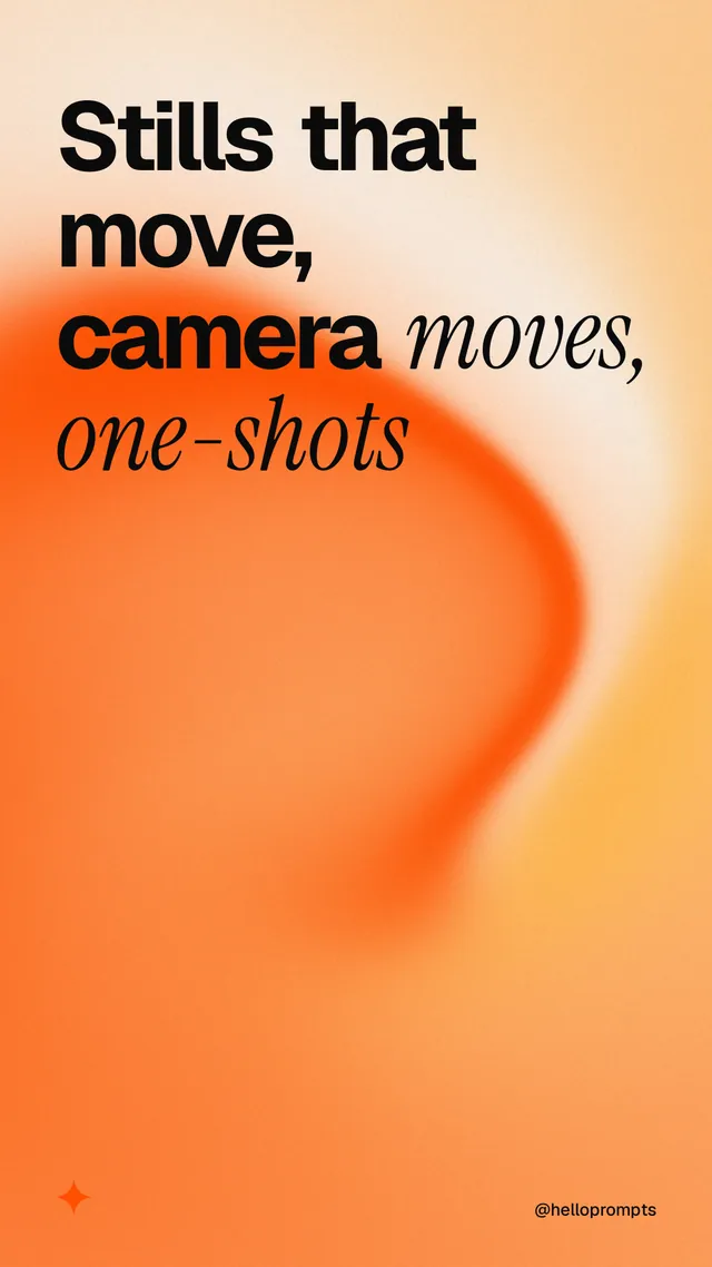 Instagram story for HelloPrompts: "Stills that move, camera moves, one-shots". Auto 9x16 style, technique:shader field layout, light palette in orange.