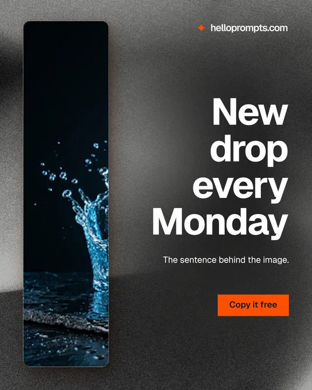 Instagram portrait post for HelloPrompts: "New drop every Monday". Swiss style, right layout, dark palette in black, grey.
