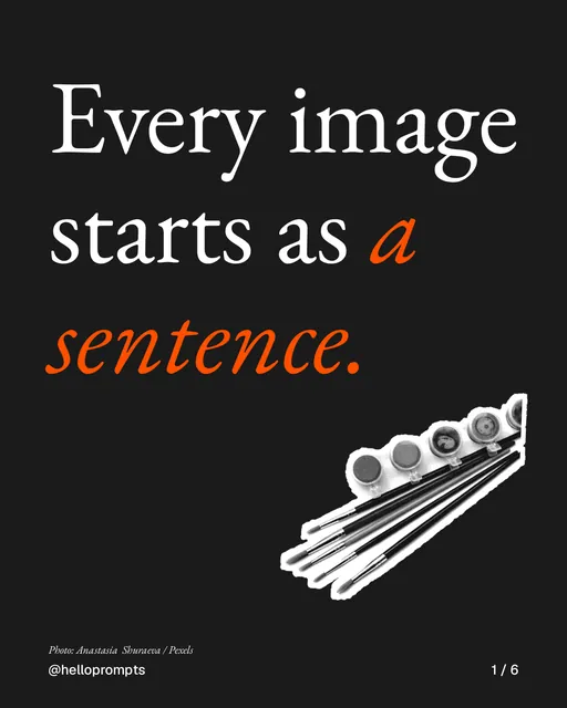 Carousel for HelloPrompts: "Every image starts as a sentence.". Cutout essay, 6 slides, dark palette.