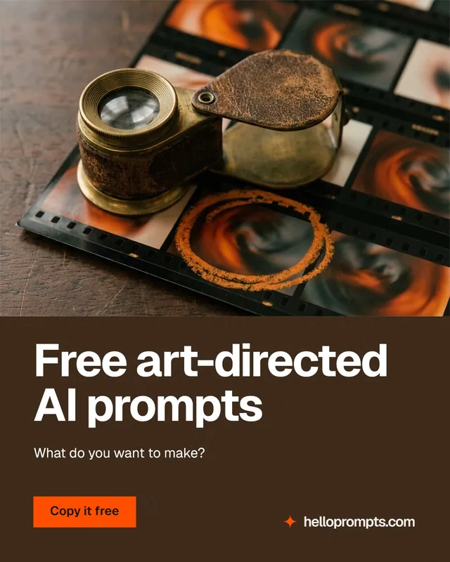 Instagram portrait post for HelloPrompts: "Free art-directed AI prompts". Swiss style, bottom layout, dark palette in orange, grey, black.