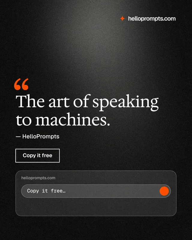 Instagram portrait post for HelloPrompts: "The art of speaking to machines." Dark deco style, quote layout, dark palette in black, grey.