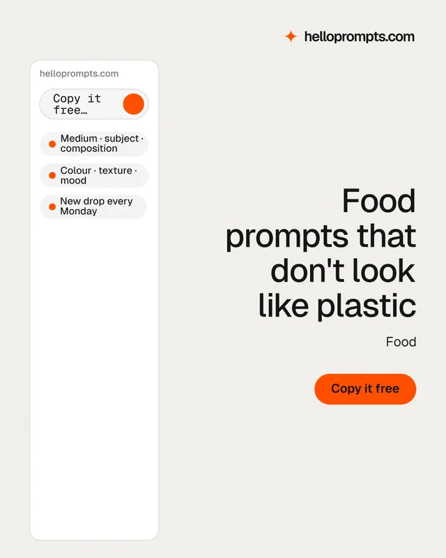 Instagram portrait post for HelloPrompts: "Food prompts that don't look like plastic". Data card style, right layout, light palette in white, orange.