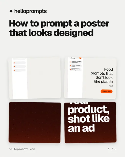 Carousel for HelloPrompts: "How to prompt a poster that looks designed". Collection carousel, 8 slides, light palette.