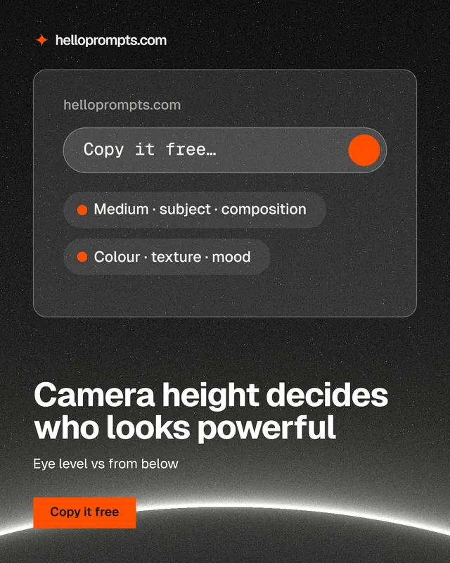 Instagram portrait post for HelloPrompts: "Camera height decides who looks powerful". Swiss style, bottom layout, dark palette in black, grey.